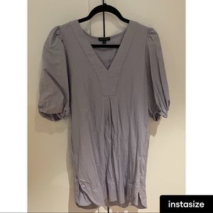 blue linen shift dress with puff sleeve detail